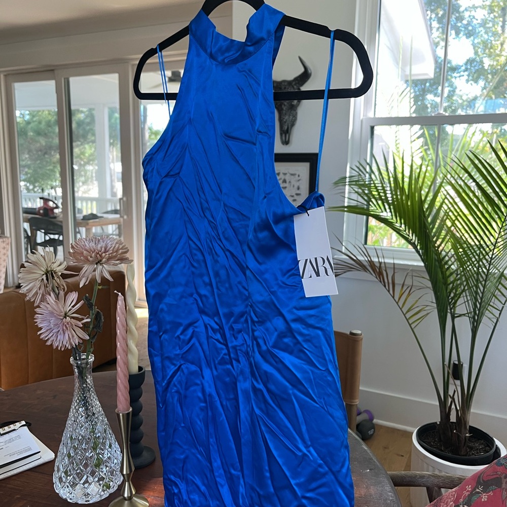 Zara Vibrant Blue Satin Halter Dress